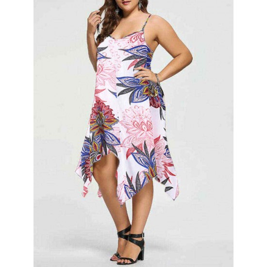 Plus Size S-5XL Casual Women Loose Floral Print Irregular Hem Strap Dress