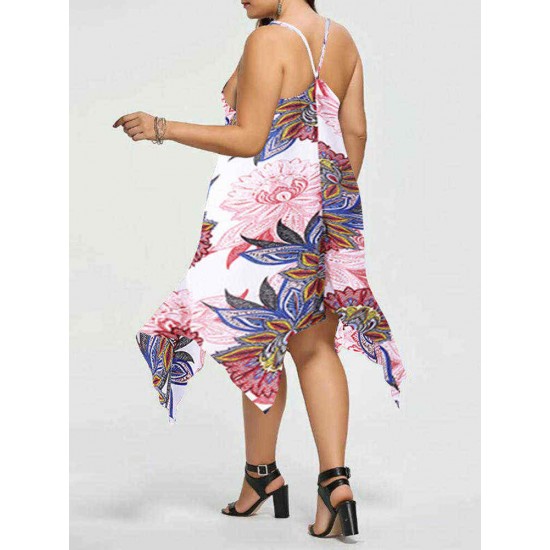 Plus Size S-5XL Casual Women Loose Floral Print Irregular Hem Strap Dress