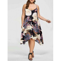 Plus Size S-5XL Casual Women Loose Floral Print Irregular Hem Strap Dress