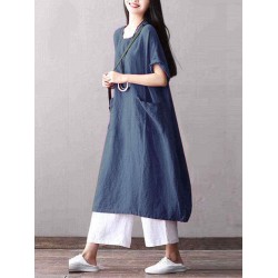 Plus Size Short Sleeve Solid Color Pockets Women Dress