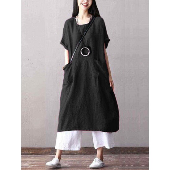 Plus Size Short Sleeve Solid Color Pockets Women Dress