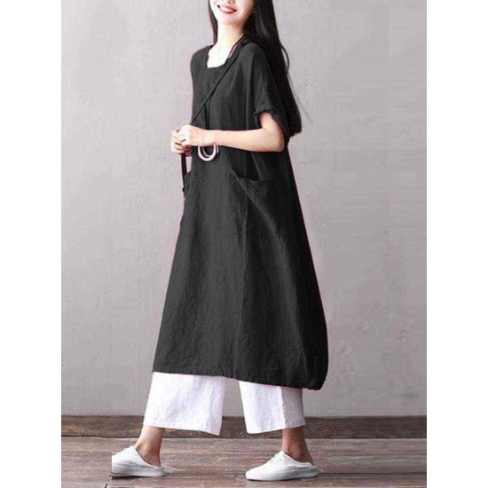 Plus Size Short Sleeve Solid Color Pockets Women Dress