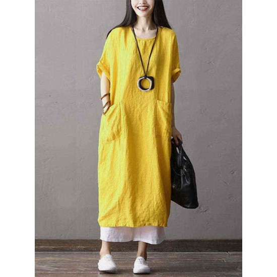 Plus Size Short Sleeve Solid Color Pockets Women Dress
