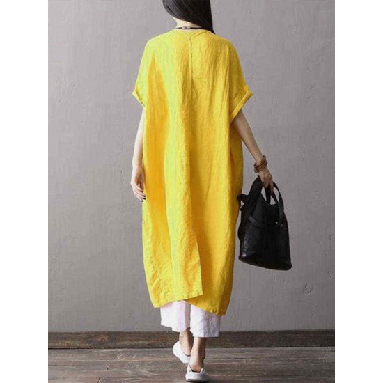 Plus Size Short Sleeve Solid Color Pockets Women Dress