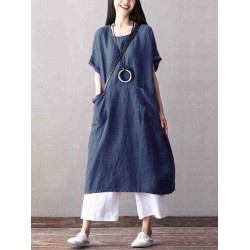 Plus Size Short Sleeve Solid Color Pockets Women Dress