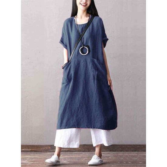 Plus Size Short Sleeve Solid Color Pockets Women Dress