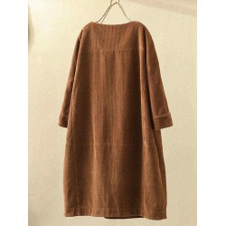 Plus Size Solid Color Corduroy Crew Neck Vintage Dress