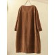 Plus Size Solid Color Corduroy Crew Neck Vintage Dress
