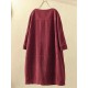 Plus Size Solid Color Corduroy Crew Neck Vintage Dress
