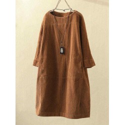 Plus Size Solid Color Corduroy Crew Neck Vintage Dress