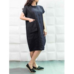 Plus Size Solid Color Crew Neck Short Sleeve Baggy Cotton Dress