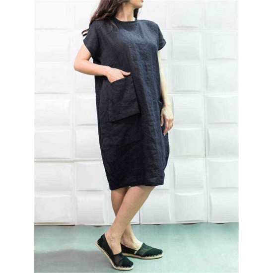 Plus Size Solid Color Crew Neck Short Sleeve Baggy Cotton Dress