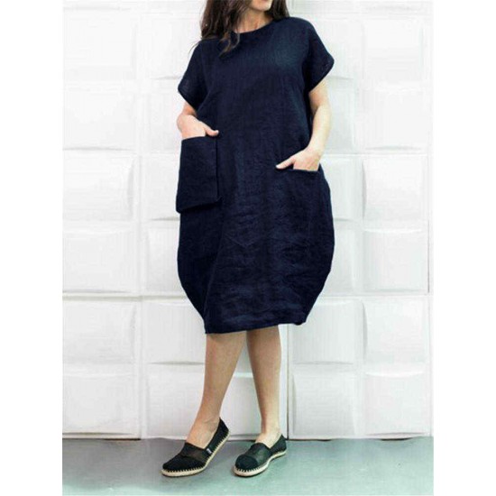 Plus Size Solid Color Crew Neck Short Sleeve Baggy Cotton Dress