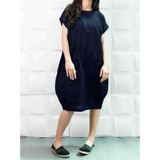 Plus Size Solid Color Crew Neck Short Sleeve Baggy Cotton Dress