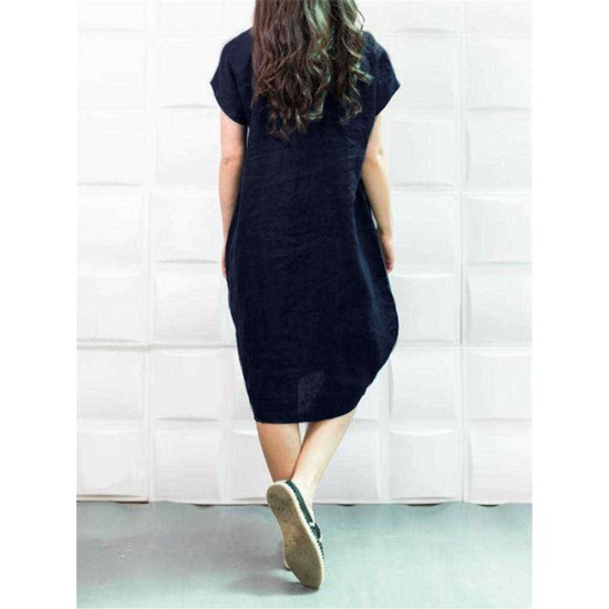 Plus Size Solid Color Crew Neck Short Sleeve Baggy Cotton Dress