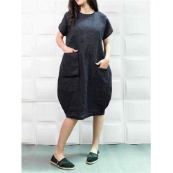 Plus Size Solid Color Crew Neck Short Sleeve Baggy Cotton Dress