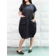 Plus Size Solid Color Crew Neck Short Sleeve Baggy Cotton Dress