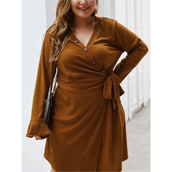 Plus Size Solid Color V-neck Belt Ruffle Sleeve Casual Dress with Button