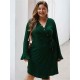 Plus Size Solid Color V-neck Belt Ruffle Sleeve Casual Dress with Button