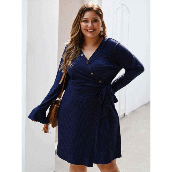 Plus Size Solid Color V-neck Belt Ruffle Sleeve Casual Dress with Button