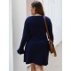 Plus Size Solid Color V-neck Belt Ruffle Sleeve Casual Dress with Button