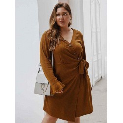 Plus Size Solid Color V-neck Belt Ruffle Sleeve Casual Dress with Button