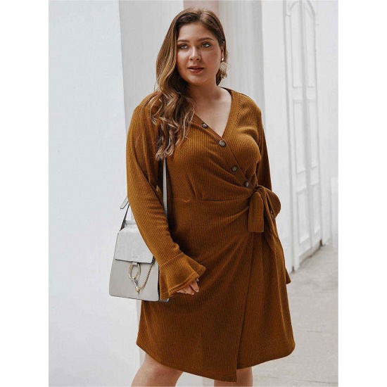 Plus Size Solid Color V-neck Belt Ruffle Sleeve Casual Dress with Button