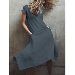 Plus Size Solid Color V-neck Short Sleeve Irregular Hem Dress
