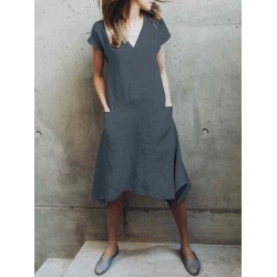 Plus Size Solid Color V-neck Short Sleeve Irregular Hem Dress