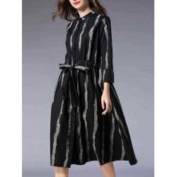 Plus Size Stripe Crew Neck Long Sleeve Women Cotton Dress