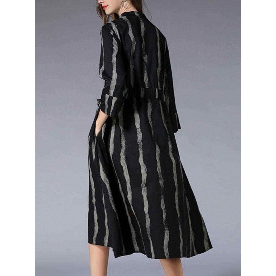 Plus Size Stripe Crew Neck Long Sleeve Women Cotton Dress