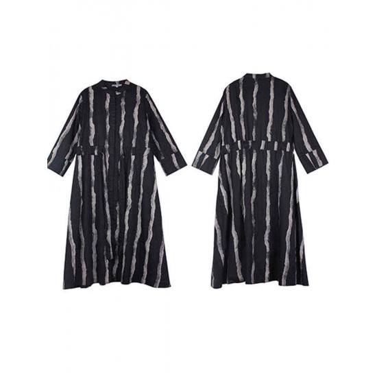 Plus Size Stripe Crew Neck Long Sleeve Women Cotton Dress