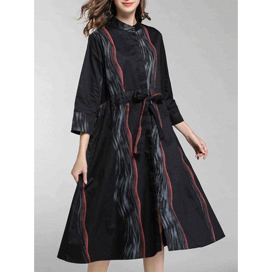 Plus Size Stripe Printed Long Sleeve Shirt Dress with Pockets