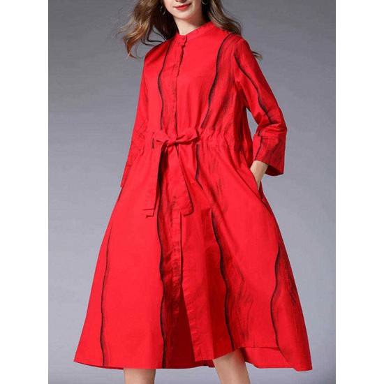 Plus Size Stripe Printed Long Sleeve Shirt Dress with Pockets