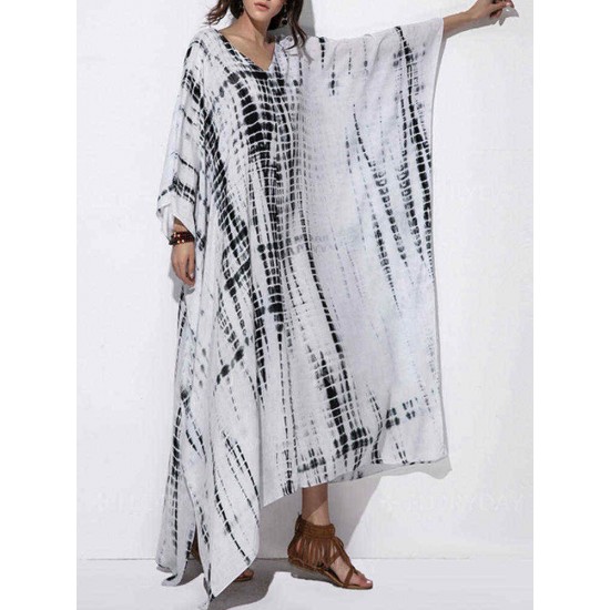 Plus Size Trendy Printed V-neck Batwing Sleeve Kaftan Maxi Dress