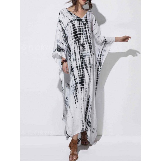 Plus Size Trendy Printed V-neck Batwing Sleeve Kaftan Maxi Dress