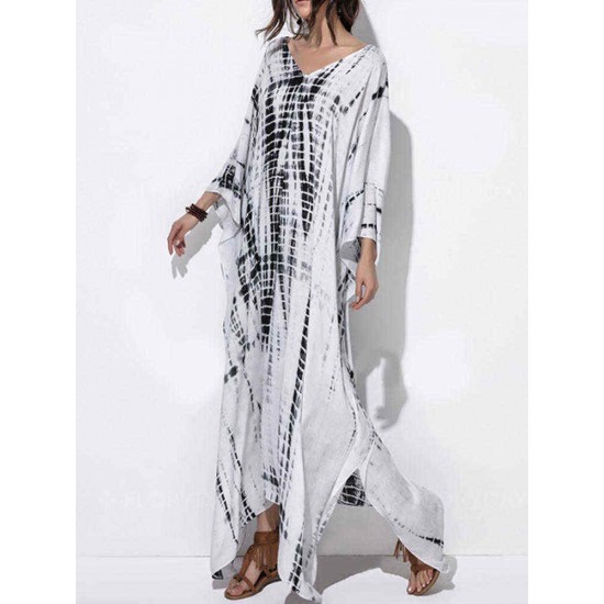 Plus Size Trendy Printed V-neck Batwing Sleeve Kaftan Maxi Dress