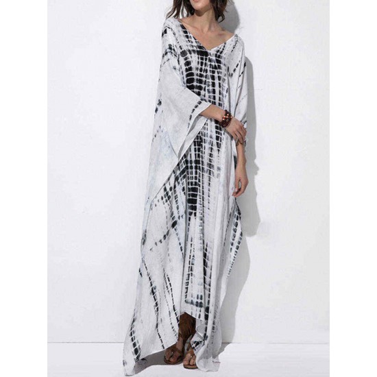 Plus Size Trendy Printed V-neck Batwing Sleeve Kaftan Maxi Dress