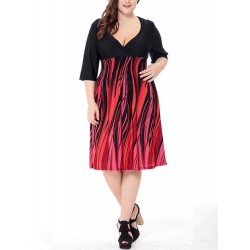 Plus Size V-neck Elastic Waist Patchwork Printed Dress