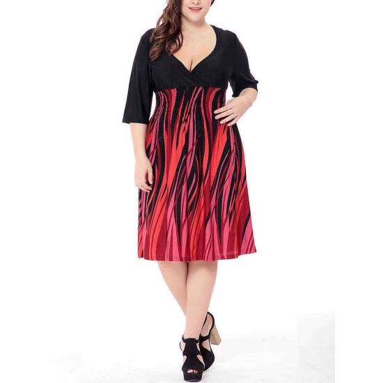 Plus Size V-neck Elastic Waist Patchwork Printed Dress