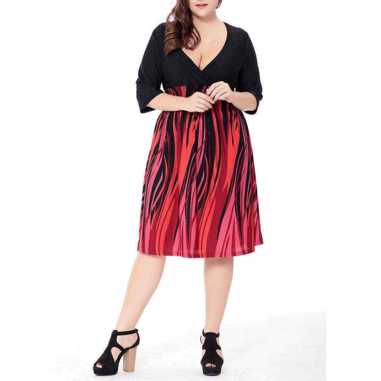 Plus Size V-neck Elastic Waist Patchwork Printed Dress