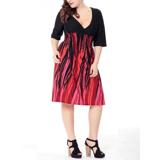 Plus Size V-neck Elastic Waist Patchwork Printed Dress