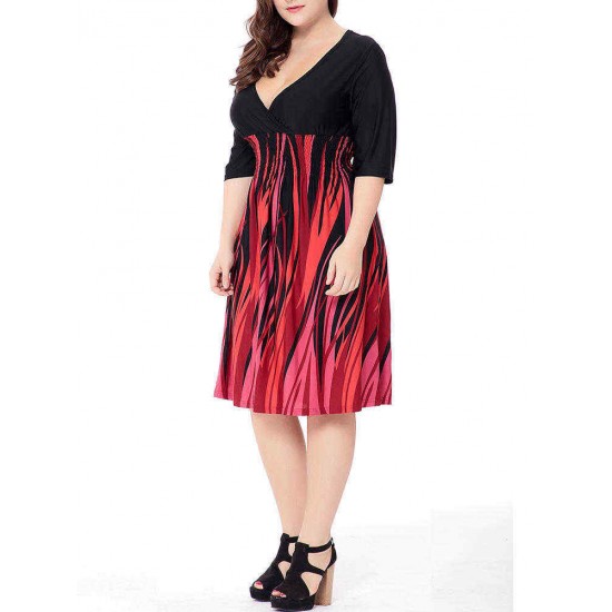 Plus Size V-neck Elastic Waist Patchwork Printed Dress