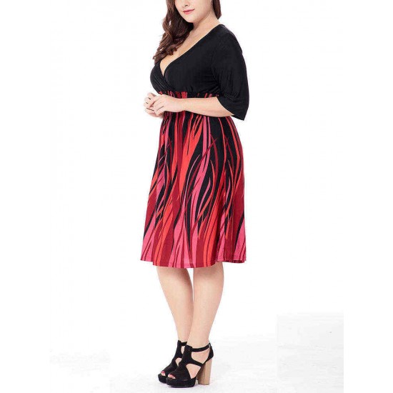 Plus Size V-neck Elastic Waist Patchwork Printed Dress