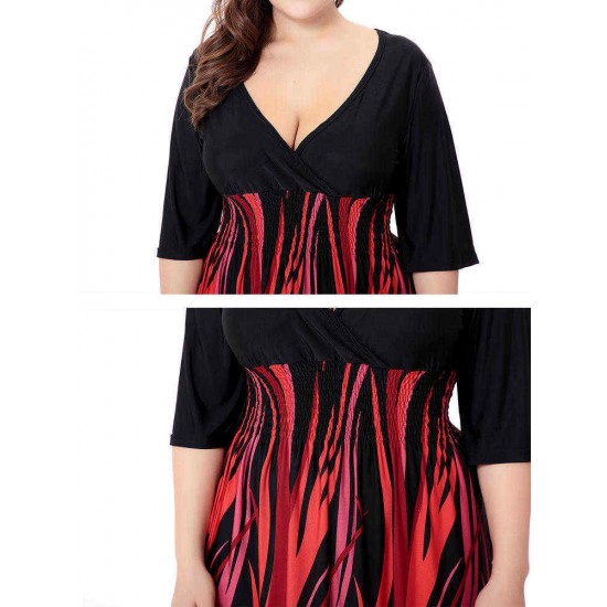 Plus Size V-neck Elastic Waist Patchwork Printed Dress