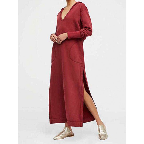 Plus Size V-neck Long Sleeve Side Split Hooded Sweatshirt Dress for Women