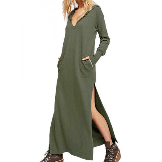 Plus Size V-neck Long Sleeve Side Split Hooded Sweatshirt Dress for Women