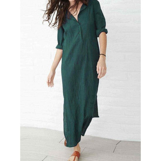 Plus Size V-neck Long Sleeve Solid Color Side Split Maxi Dress