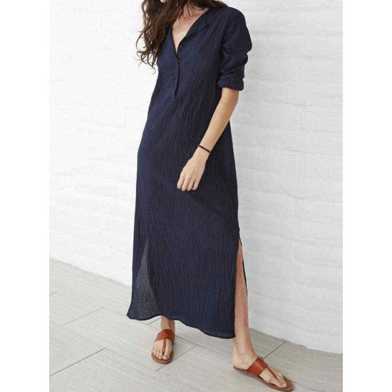 Plus Size V-neck Long Sleeve Solid Color Side Split Maxi Dress