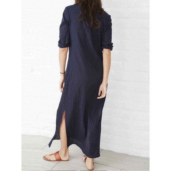 Plus Size V-neck Long Sleeve Solid Color Side Split Maxi Dress